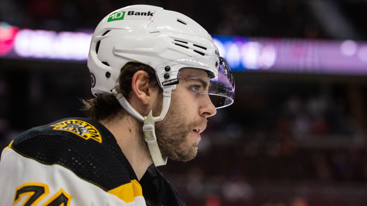 OTTAWA, ON - February 19: Jake DeBrusk #74 of the Boston Bruins skates against the Ottawa Senators at Canadian Tire Centre on February 19, 2022.