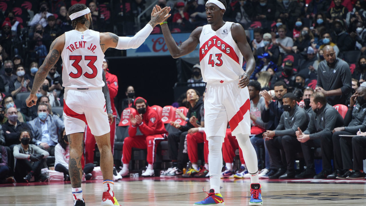 TORONTO, CANADA - MARCH 1: Pascal Siakam #43 of the Toronto Raptors high fives team mate during the game against the Brooklyn Nets on March 1, 2022 at the Scotiabank Arena in Toronto, Ontario, Canada. Mandatory Copyright Notice: Copyright 2022 NBAE