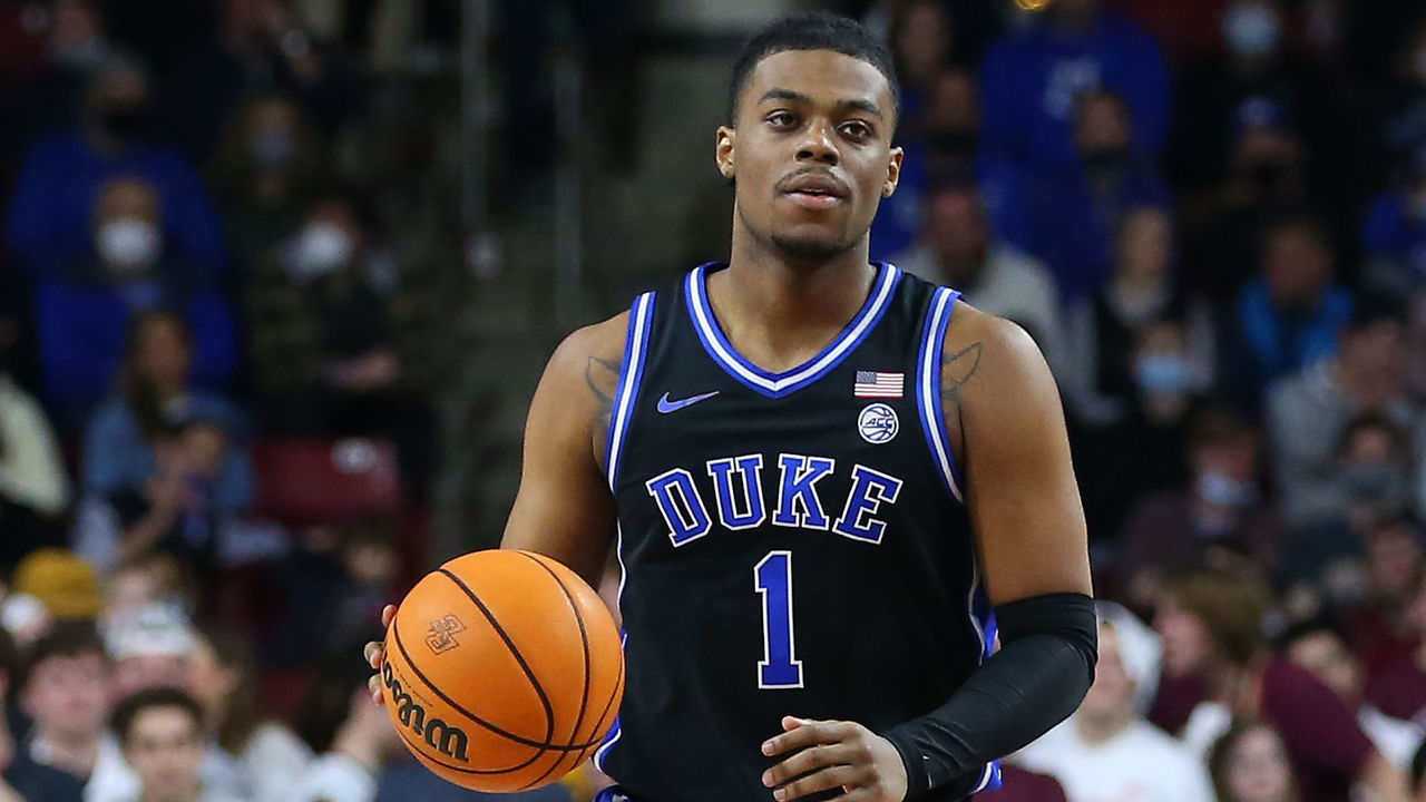 CHESTNUT HILL, MA - FEBRUARY 12: Duke Blue Devils guard Trevor Keels (1) with the ball during a college basketball game between Duke Blue Devils and Boston College Eagles on February 12 2022, at Conte Forum in Chestnut Hill, MA.