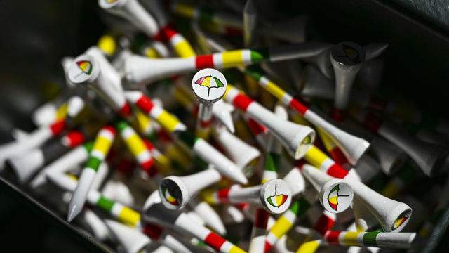 ORLANDO, FL - MARCH 07: Arnold Palmer umbrella logo tees sit in box on the first hole during the final round of the Arnold Palmer Invitational presented by MasterCard at Bay Hill Club and Lodge on March 7, 2021 in Orlando, Florida.
