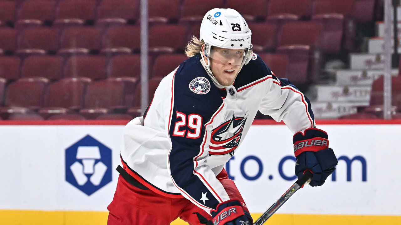 MONTREAL, QC - FEBRUARY 12: Patrik Laine #29 of the Columbus Blue Jackets skates against the Montreal Canadiens during the first period at Centre Bell on February 12, 2022 in Montreal, Canada. The Columbus Blue Jackets defeated the Montreal Canadiens 2-1.
