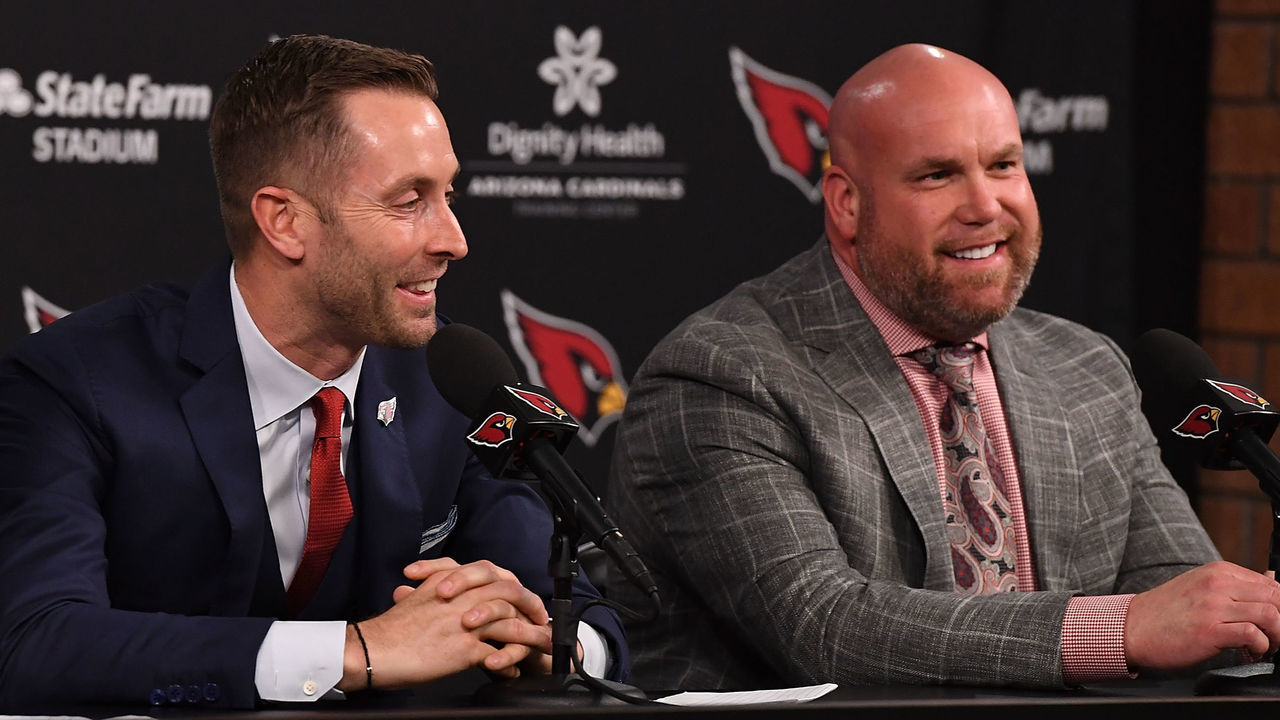TEMPE, AZ - JANUARY 09: Arizona Cardinals new head coach Kliff Kingsbury and general manager Steve Keim (R) talk to the media at the Arizona Cardinals Training Facility on January 9, 2019 in Tempe, Arizona.