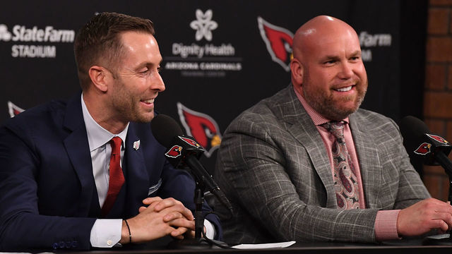 TEMPE, AZ - JANUARY 09: Arizona Cardinals new head coach Kliff Kingsbury and general manager Steve Keim (R) talk to the media at the Arizona Cardinals Training Facility on January 9, 2019 in Tempe, Arizona.