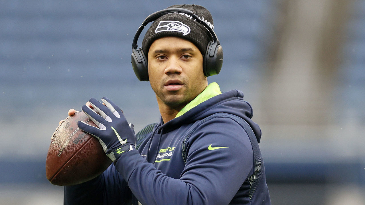 SEATTLE, WASHINGTON - JANUARY 02: Russell Wilson #3 of the Seattle Seahawks warms up before the game against the Detroit Lions at Lumen Field on January 02, 2022 in Seattle, Washington.
