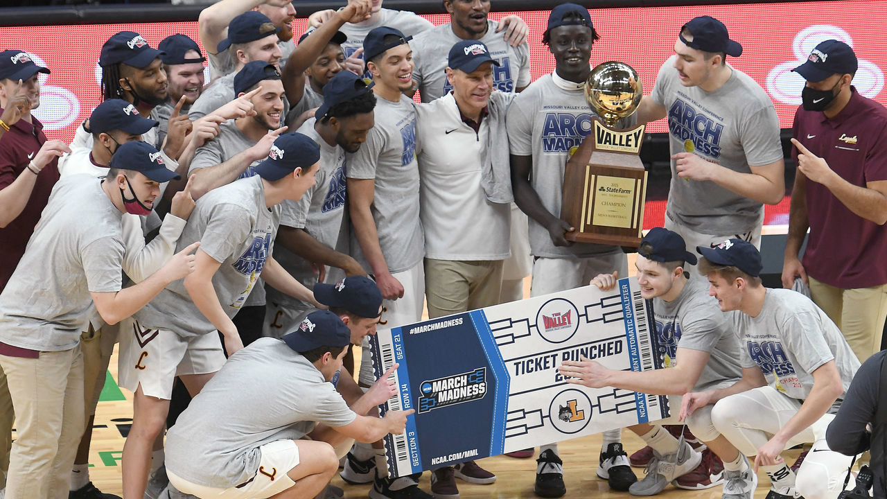 ST. LOUIS, MO - MARCH 07: Loyola players celebrate after winning the Missouri Valley Conference Tournament championship game between the Loyola Ramblers and the Drake Bulldogs on March 07, 2021, at Enterprise Center, St. Louis, Mo. ,