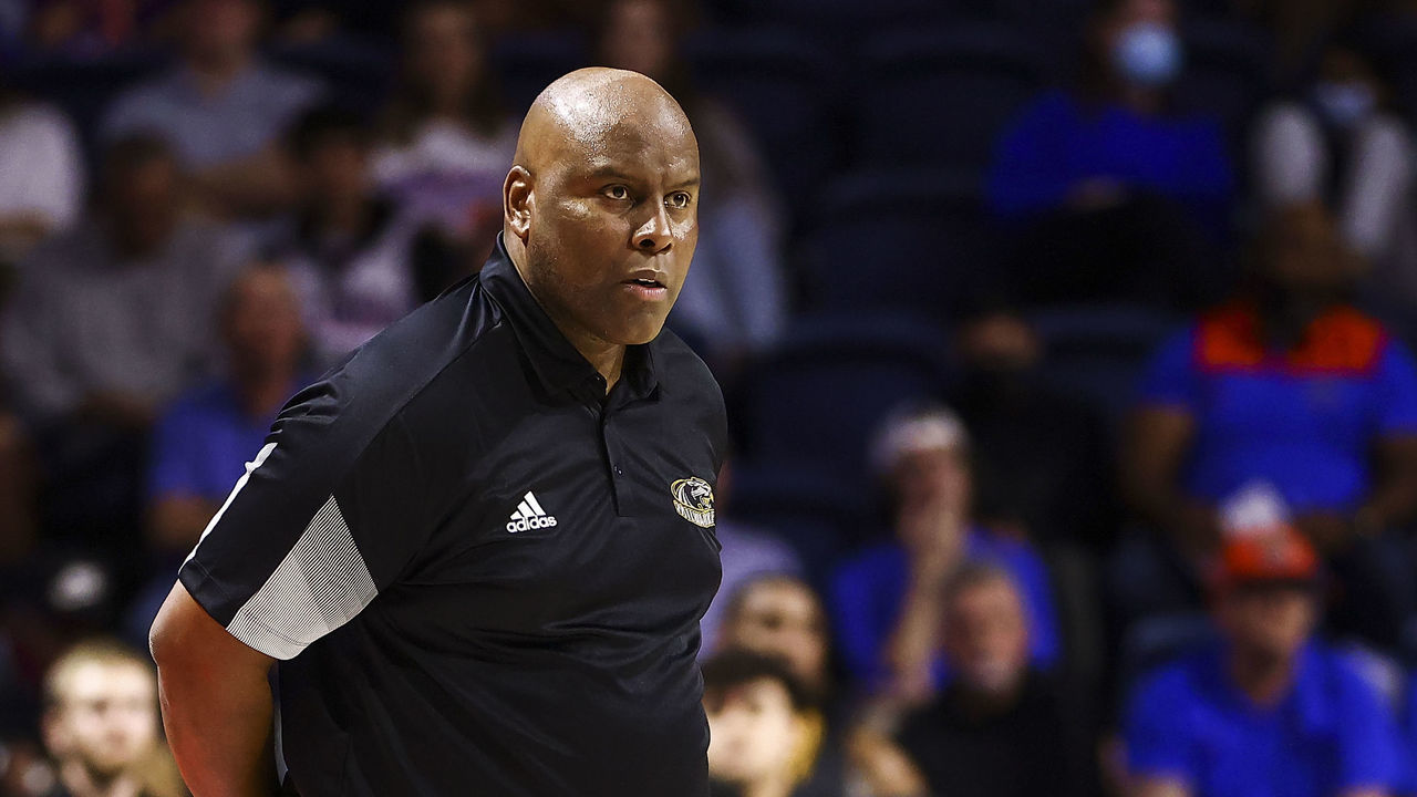 GAINESVILLE, FLORIDA - NOVEMBER 18: head coach Pat Baldwin of the Milwaukee Panthers looks on during the first half of a game against the Florida Gators at the Stephen C. O'Connell Center on November 18, 2021 in Gainesville, Florida.