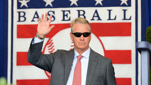 COOPERSTOWN, NY - JULY 29: Hall of Famer Tom Glavine is introduced during the Baseball Hall of Fame induction ceremony at the Clark Sports Center on July 29, 2018 in Cooperstown, New York.