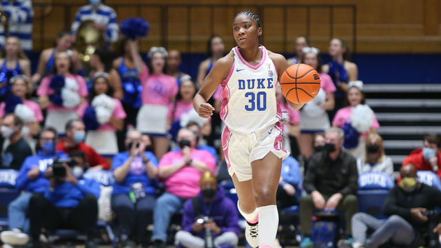 DURHAM, NC - FEBRUARY 13: Duke Blue Devils guard Shayeann Day-Wilson (30) brings the ball up court during the womens college basketball game between NC State and Duke on February 13, 2022 at Cameron Indoor Stadium.