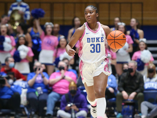 DURHAM, NC - FEBRUARY 13: Duke Blue Devils guard Shayeann Day-Wilson (30) brings the ball up court during the womens college basketball game between NC State and Duke on February 13, 2022 at Cameron Indoor Stadium.