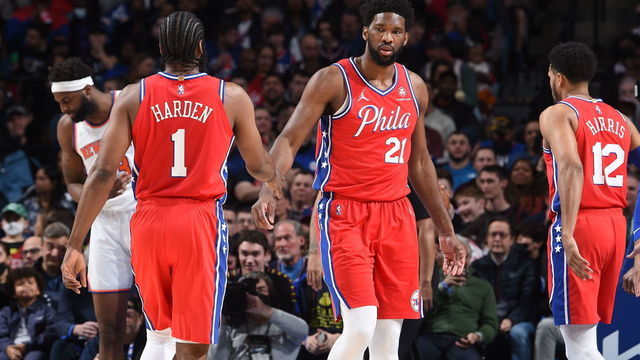 PHILADELPHIA, PA - MARCH 2: James Harden #1 of the Philadelphia 76ers and Joel Embiid #21 of the Philadelphia 76ers share a high five during the game against the New York Knicks on March 2, 2022 at the Wells Fargo Center in Philadelphia, Pennsylvania NOTE TO USER: User expressly acknowledges and agrees that, by downloading and/or using this Photograph, user is consenting to the terms and conditions of the Getty Images License Agreement. Mandatory Copyright Notice: Copyright 2022 NBAE