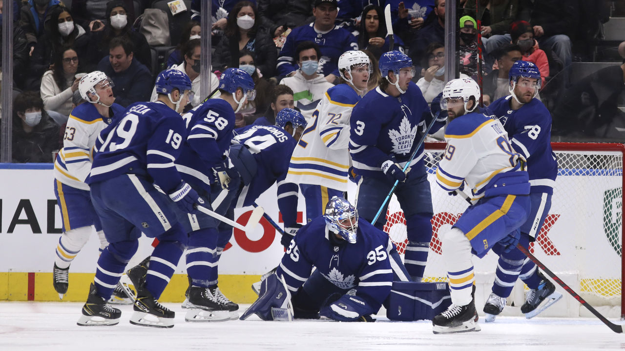 TORONTO, ON - March 2 In third period action, there was a lot of traffic around Toronto Maple Leafs goaltender Petr Mrazek (35) The Toronto Maple Leafs lost to the Buffalo Sabres 5-1 in NHL hockey action at the Scotiabank Arena in Toronto. Toronto saw its first full crowd in a long time. March 2 2022 (Richard Lautens/Toronto Star via Getty Images)