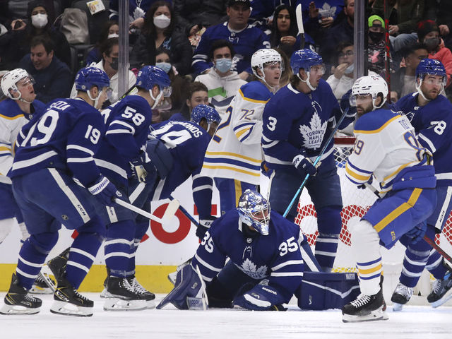 TORONTO, ON - March 2 In third period action, there was a lot of traffic around Toronto Maple Leafs goaltender Petr Mrazek (35) The Toronto Maple Leafs lost to the Buffalo Sabres 5-1 in NHL hockey action at the Scotiabank Arena in Toronto. Toronto saw its first full crowd in a long time. March 2 2022 (Richard Lautens/Toronto Star via Getty Images)