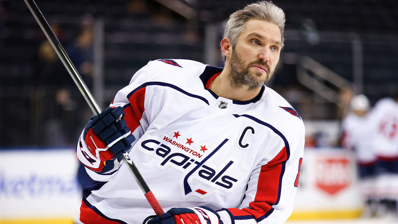 NEW YORK, NY - FEBRUARY 24: Washington Capitals Left Wing Alex Ovechkin (8) warms up prior to the National Hockey League game between the Washington Capitals and the New York Rangers on February 24, 2022 at Madison Square Garden in New York, NY.