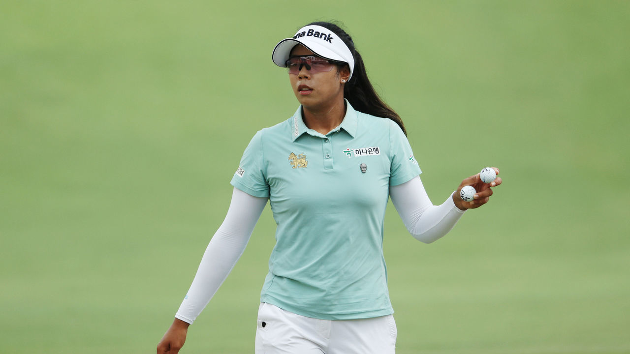 SINGAPORE, SINGAPORE - MARCH 03: Patty Tavatanakit of Thailand reacts on the eighteenth green during the First Round of the HSBC Women's World Championship at Sentosa Golf Club on March 03, 2022 in Singapore.