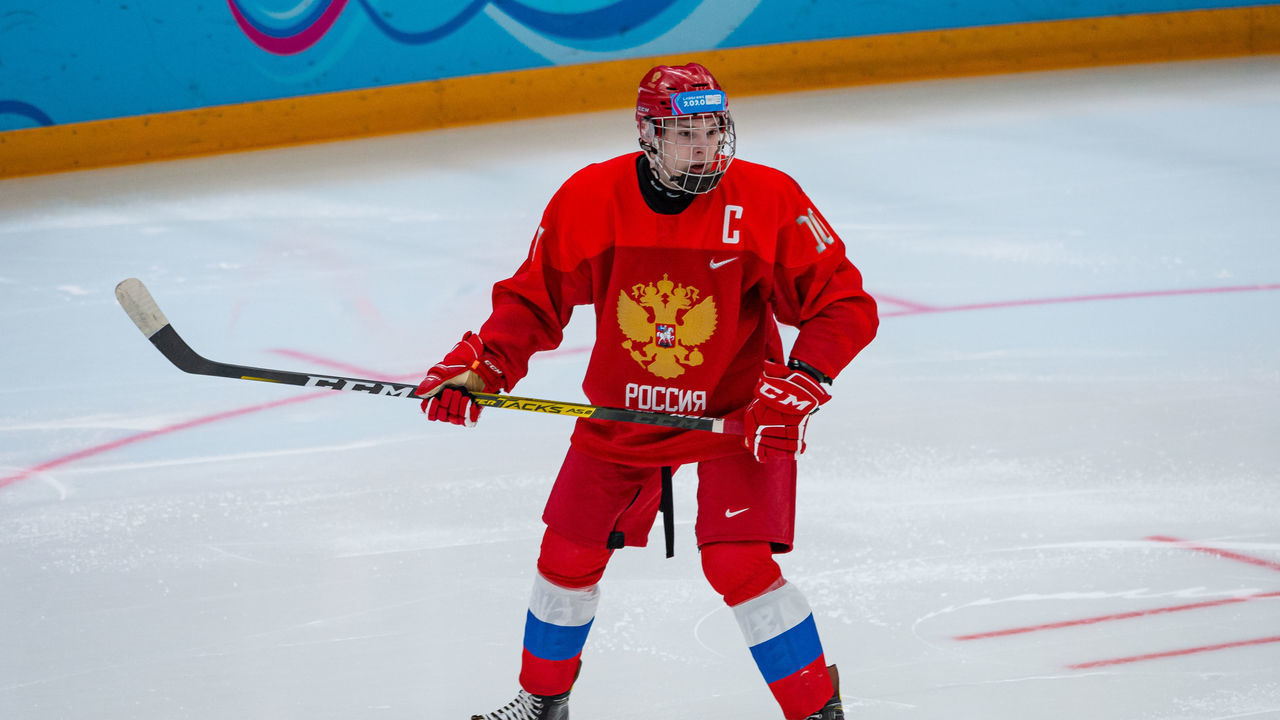LAUSANNE, SWITZERLAND - JANUARY 21: #10 Ivan Miroshnichenko of Russian Federation looks on during Men's 6-Team Tournament Semifinals Game between Russia and Finland of the Lausanne 2020 Winter Youth Olympics on January 20, 2021 in Lausanne, Switzerland.