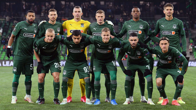 KRASNODAR, RUSSIA FEBRUARY 18, 2021: The Krasnodar squad pose for a group photograph before the first leg of the 2020-21 UEFA Europa League Round of 32 football match between FC Krasnodar and GNK Dinamo Zagreb at Krasnodar Stadium. Front (L-R): Igor Smolnikov, Magomed Suleimanov, Viktor Claesson, Remy Cabella, Kristoffer Olsson. Back (L-R): Tonny Vilhena, Marcus Berg, Yevgeny Gorodov, Yevgeny Chernov, Kaio, and Alexander Martynovich. Andrei Shramko/TASS