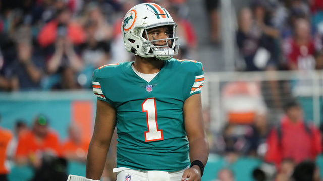 MIAMI GARDENS, FLORIDA - JANUARY 09: Tua Tagovailoa #1 of the Miami Dolphins in action against the New England Patriots at Hard Rock Stadium on January 09, 2022 in Miami Gardens, Florida.