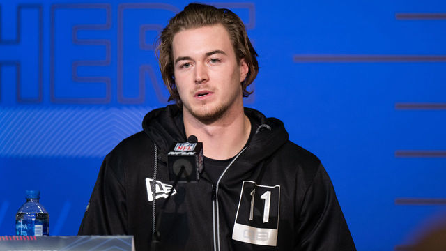 INDIANAPOLIS, IN - MARCH 02: Pittsburgh quarterback Kenny Pickett answers questions from the media during the NFL Scouting Combine on March 2, 2022, at the Indiana Convention Center in Indianapolis, IN.