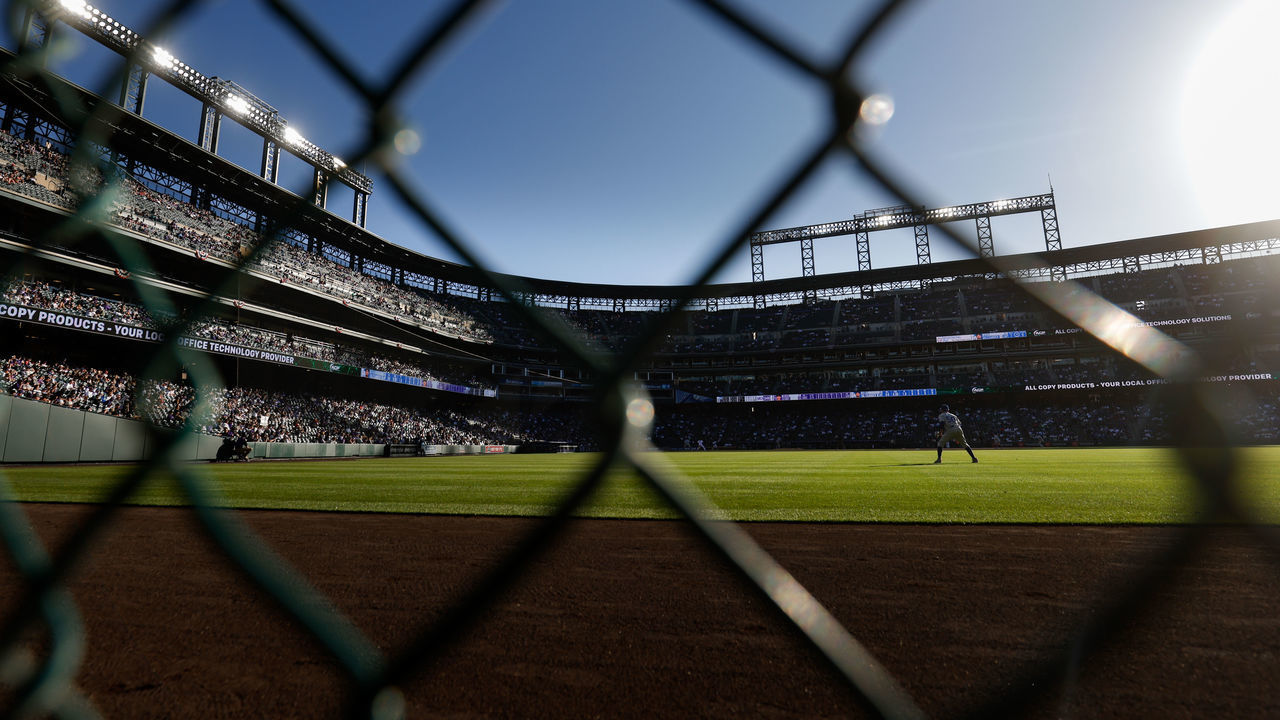 DENVER, CO - APRIL 1: A general view of the stadium from behind the right field fence as the Los Angeles Dodgers take on the Colorado Rockies during the eighth inning on Opening Day at Coors Field on April 1, 2021 in Denver, Colorado. The Rockies defeated the Dodgers 8-5.
