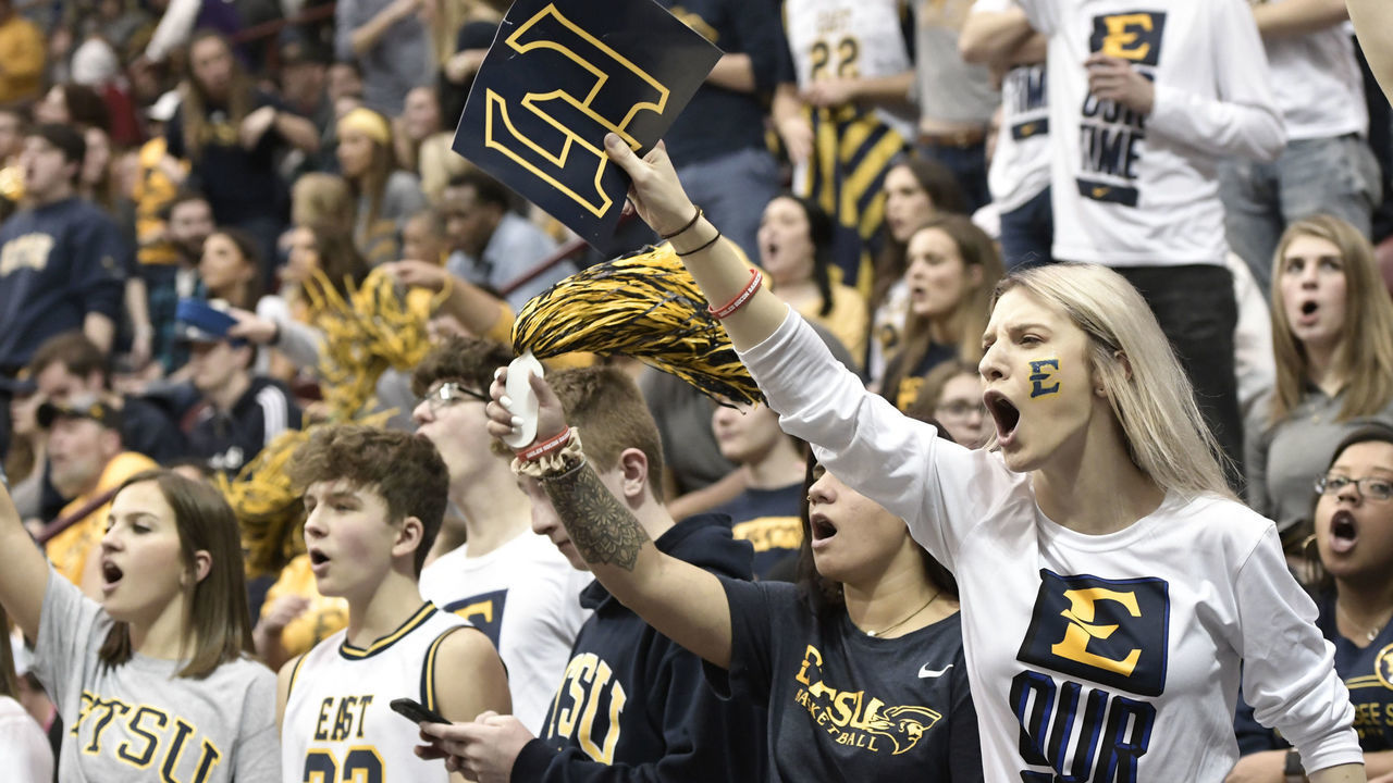 ASHEVILLE, NC - MARCH 09: East Tennessee State University (ETSU) Buccaneers fans cheer their team to the Southern Conference (SoCon) Championship win over the Wofford College Terriers, Monday, March 9, 2020, at Harrah's Cherokee Center in Asheville, North Carolina.