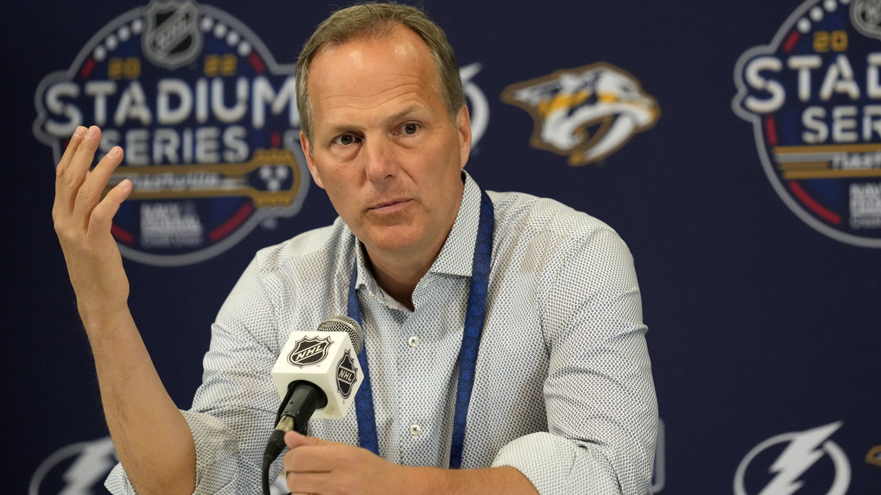 NASHVILLE, TENNESSEE - FEBRUARY 25: Head coach Jon Cooper of the Tampa Bay Lightning attends a press conference after practice at Nissan Stadium on February 25, 2022 in Nashville, Tennessee.