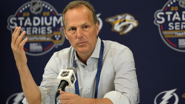 NASHVILLE, TENNESSEE - FEBRUARY 25: Head coach Jon Cooper of the Tampa Bay Lightning attends a press conference after practice at Nissan Stadium on February 25, 2022 in Nashville, Tennessee.