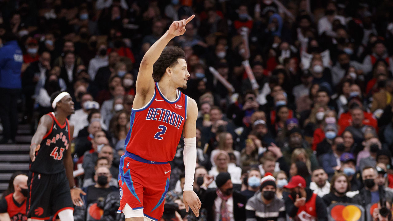 TORONTO, ON - MARCH 03: Cade Cunningham #2 of the Detroit Pistons celebrates a basket during the second half of their NBA game against the Toronto Raptors at Scotiabank Arena on March 3, 2022 in Toronto, Canada.