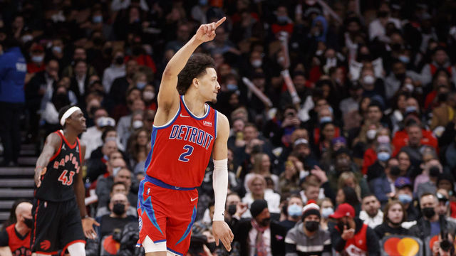 TORONTO, ON - MARCH 03: Cade Cunningham #2 of the Detroit Pistons celebrates a basket during the second half of their NBA game against the Toronto Raptors at Scotiabank Arena on March 3, 2022 in Toronto, Canada.