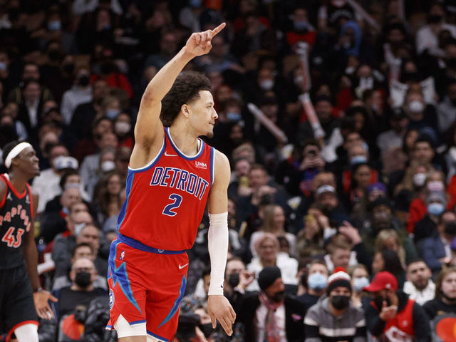 TORONTO, ON - MARCH 03: Cade Cunningham #2 of the Detroit Pistons celebrates a basket during the second half of their NBA game against the Toronto Raptors at Scotiabank Arena on March 3, 2022 in Toronto, Canada.