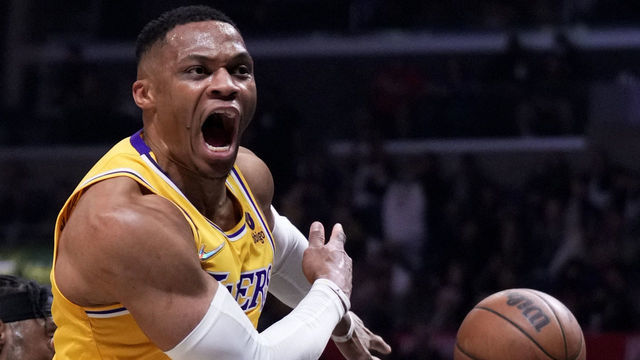 Los Angeles, CA - March 03: Russell Westbrook #0 of the Los Angeles Lakers against the LA Clippers in the first half of a NBA basketball game at the Crypto.com Arena in Los Angeles on Thursday, March 3, 2022.