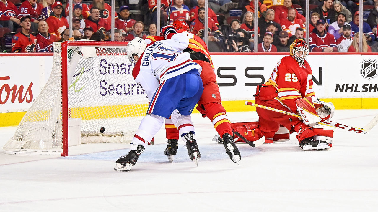 CALGARY, AB - MARCH 03: Montreal Canadiens Left Wing Mike Hoffman (68), not shown, scores on Calgary Flames Goalie Jacob Markstrom (25) during the third period of an NHL game where the Calgary Flames hosted the Montreal Canadiens on March 3, 2022, at the Scotiabank Saddledome in Calgary, AB.