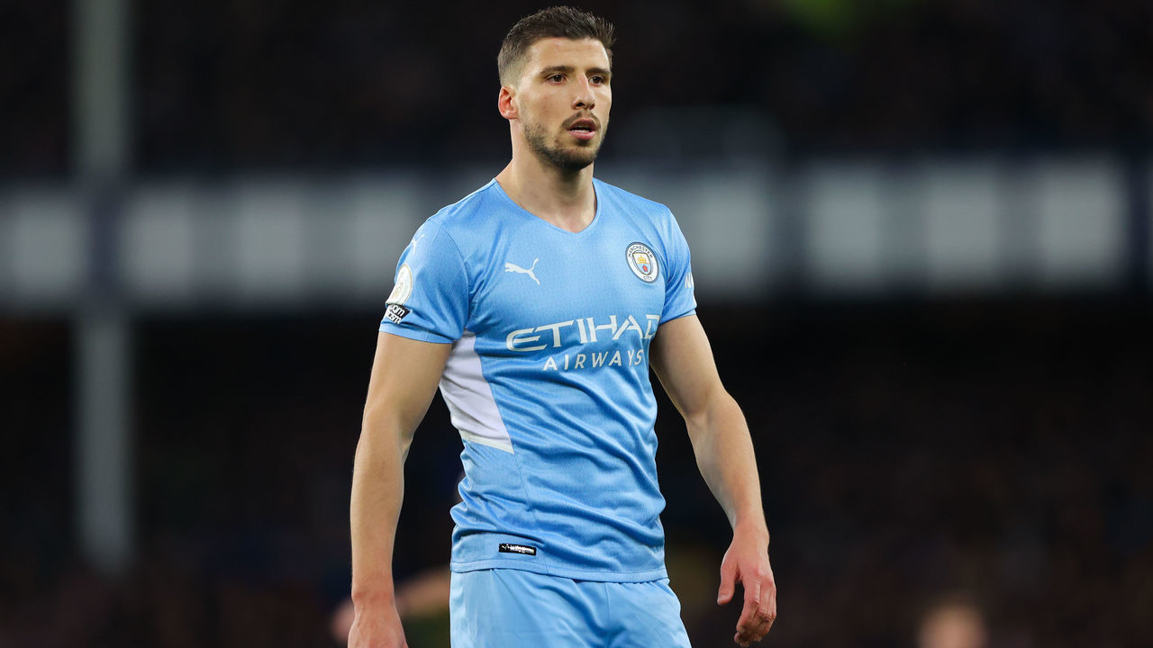 LIVERPOOL, ENGLAND - FEBRUARY 26: Ruben Dias of Manchester City looks on during the Premier League match between Everton and Manchester City at Goodison Park on February 26, 2022 in Liverpool, England.