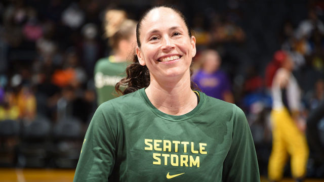 LOS ANGELES, CA - SEPTEMBER 12: Sue Bird #10 of the Seattle Storm smiles before the game against the Los Angeles Sparks on September 12, 2021 at Staples Center in Los Angeles, California. NOTE TO USER: User expressly acknowledges and agrees that, by downloading and/or using this Photograph, user is consenting to the terms and conditions of the Getty Images License Agreement. Mandatory Copyright Notice: Copyright 2021 NBAE