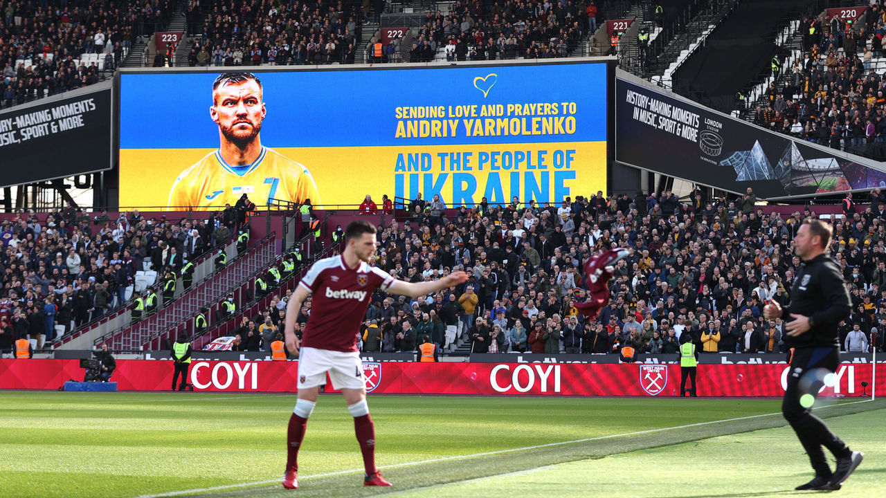 LONDON, ENGLAND - FEBRUARY 27: The LED board inside the stadium shows a message of support to Andriy Yarmolenko to indicate peace and sympathy with Ukraine during the Premier League match between West Ham United and Wolverhampton Wanderers at London Stadium on February 27, 2022 in London, England.