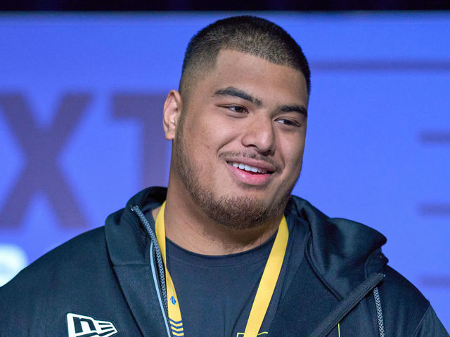 INDIANAPOLIS, IN - MARCH 03: Minnesota offensive lineman Daniel Faalele answers questions from the media during the NFL Scouting Combine on March 3, 2022, at the Indiana Convention Center in Indianapolis, IN.