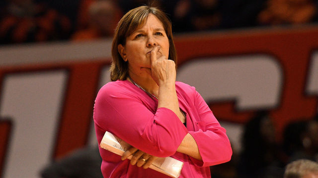 CHAMPAIGN, IL - FEBRUARY 13: Illinois Fighting Illini women's head coach Nancy Fahey looks on during the Big Ten Conference college basketball game between the Ohio State Buckeyes and the Illinois Fighting Illini on February 13, 2018, at the State Farm Center in Champaign, Illinois.