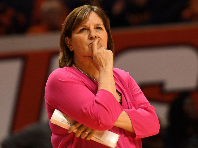 CHAMPAIGN, IL - FEBRUARY 13: Illinois Fighting Illini women's head coach Nancy Fahey looks on during the Big Ten Conference college basketball game between the Ohio State Buckeyes and the Illinois Fighting Illini on February 13, 2018, at the State Farm Center in Champaign, Illinois.