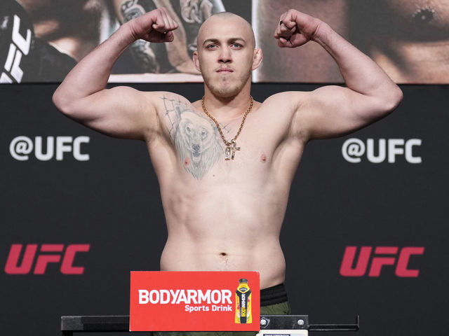 LAS VEGAS, NEVADA - MARCH 04: Serghei Spivac of Ukraine poses on the scale during the UFC 272 official weigh-in at UFC APEX on March 04, 2022 in Las Vegas, Nevada.