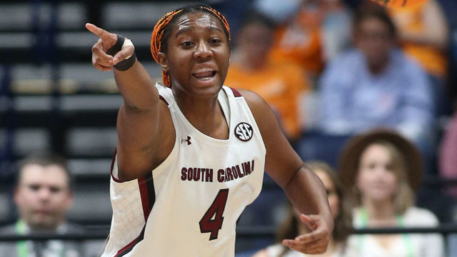 NASHVILLE, TN - MARCH 04: South Carolina Gamecocks forward Aliyah Boston (4) directs a play after making a pass to South Carolina Gamecocks guard Bree Hall (23) during a third round game of the SEC Womens Basketball Tournament between the South Carolina Gamecocks and Arkansas Razorbacks, March 4, 2022, at Bridgestone Arena in Nashville, Tennessee.
