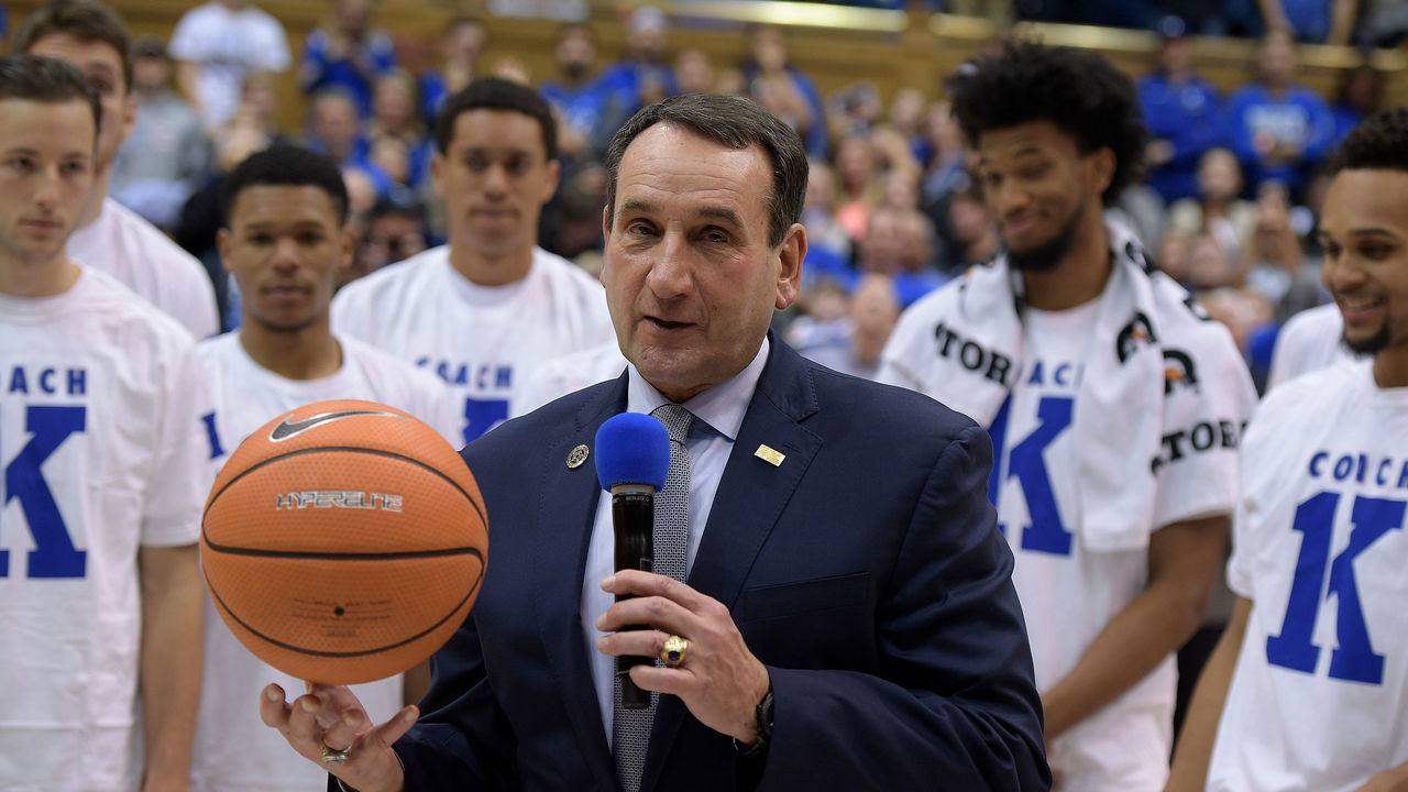 DURHAM, NC - NOVEMBER 11: Head coach Mike Krzyzewski of the Duke Blue Devils address the fans following their 99-69 win against the Utah Valley Wolverines at Cameron Indoor Stadium on November 11, 2017 in Durham, North Carolina. The win gives Mike Krzyzewski his 1,000th victory as Dukes head coach and his 1,073rd overall (73 at Army).