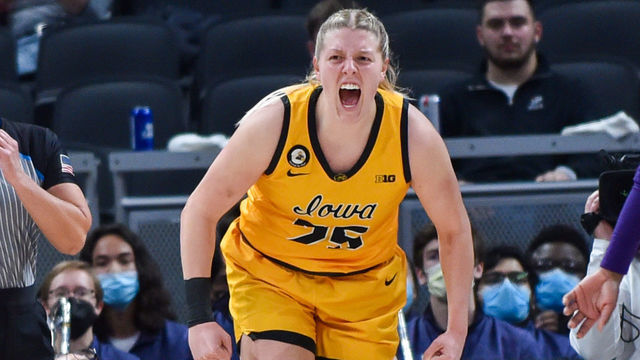 INDIANAPOLIS, INDIANA - MARCH 04: Monika Czinano #25 of the Iowa Hawkeyes reacts after making a basket during the first half of a Women's Big Ten Tournament Quarterfinals game against the Northwestern Wildcats at Gainbridge Fieldhouse on March 04, 2022 in Indianapolis, Indiana.