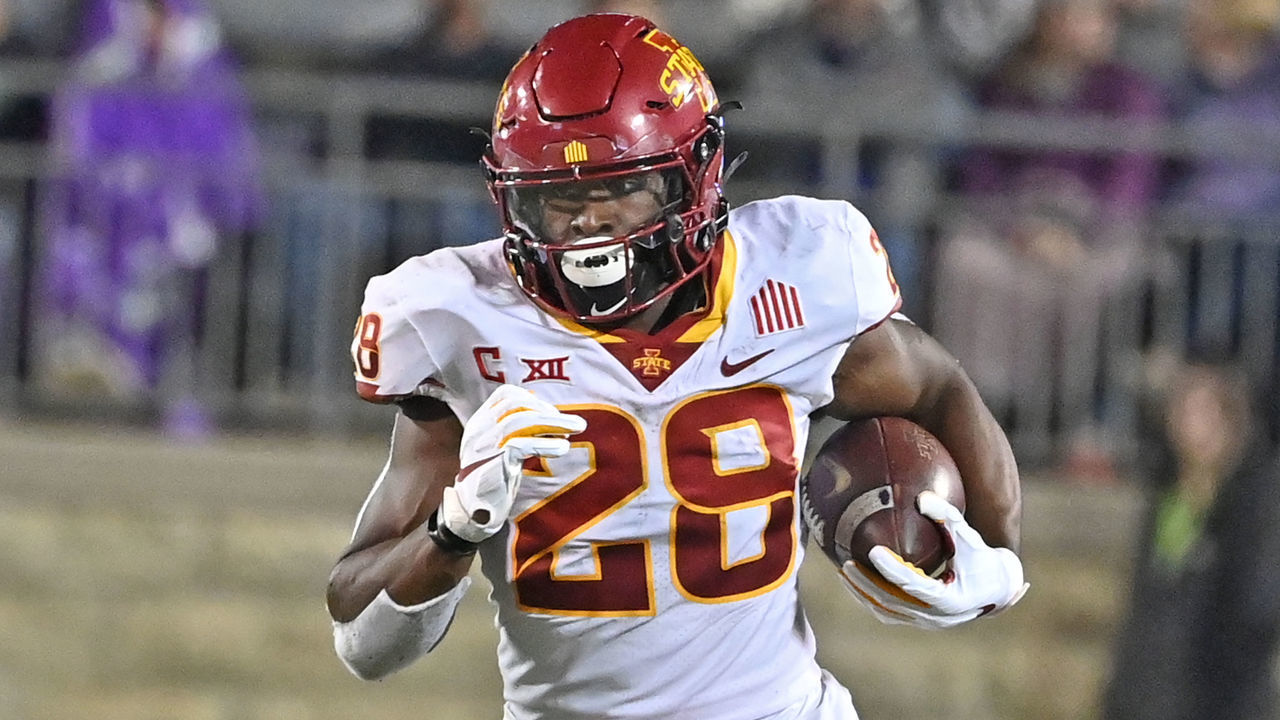 MANHATTAN, KS - OCTOBER 16: Running back Breece Hall #28 of the Iowa State Cyclones runs up field against the Kansas State Wildcats during the second half at Bill Snyder Family Football Stadium on October 16, 2021 in Manhattan, Kansas.