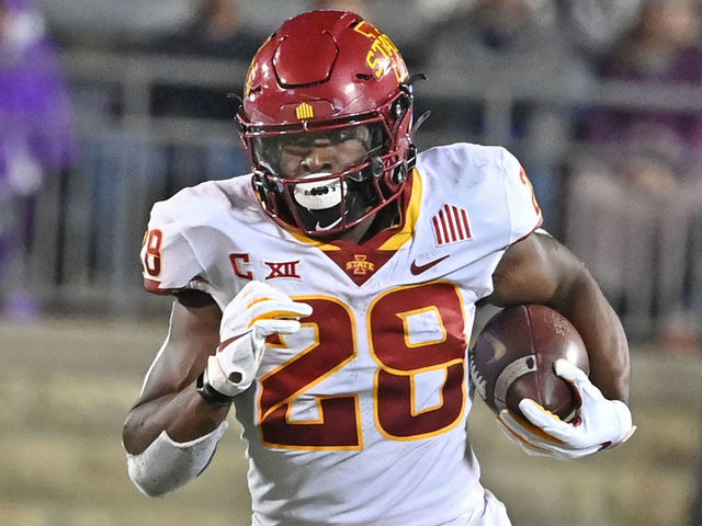 Iowa State running back Breece Hall runs the 40-yard dash during