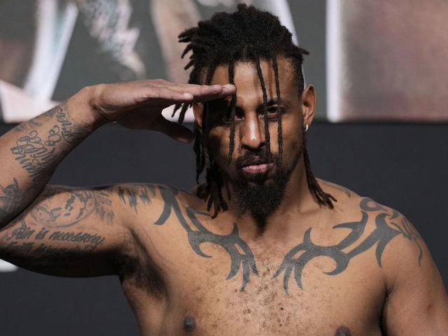 LAS VEGAS, NEVADA - MARCH 04: Greg Hardy poses on the scale during the UFC 272 official weigh-in at UFC APEX on March 04, 2022 in Las Vegas, Nevada.