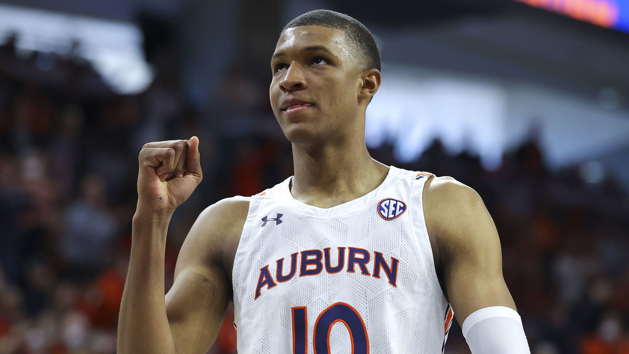 AUBURN, AL - JANUARY 22: Jabari Smith #10 of the Auburn Tigers reacts late in the second half against the Kentucky Wildcats at Auburn Arena on January 22, 2022 in Auburn, Alabama.