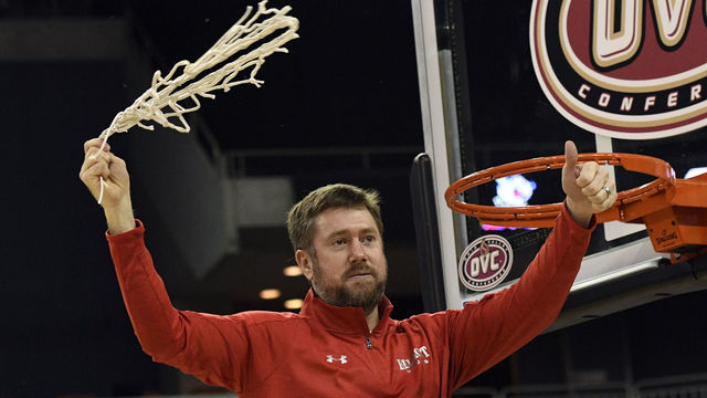 EVANSVILLE, IN - MARCH 05: Bart Brooks women's basketball head coach Belmont University Bruins celebrates after cutting down the net at the conclusion of the Ohio Valley Conference (OVC) Tournament Championship between the Belmont University Bruins and the Tennessee Tech Golden Eagles on March 5, 2022, at the Ford Center in Evansville, Indiana.