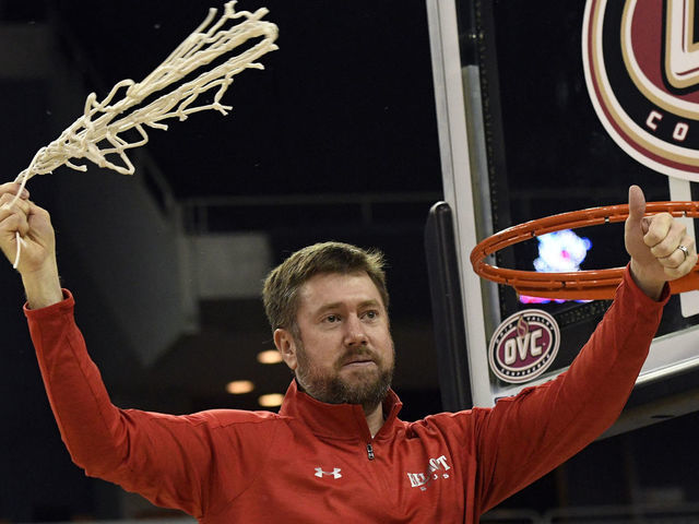 EVANSVILLE, IN - MARCH 05: Bart Brooks women's basketball head coach Belmont University Bruins celebrates after cutting down the net at the conclusion of the Ohio Valley Conference (OVC) Tournament Championship between the Belmont University Bruins and the Tennessee Tech Golden Eagles on March 5, 2022, at the Ford Center in Evansville, Indiana.