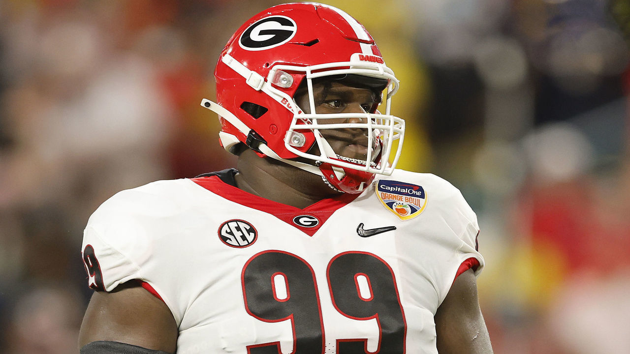 MIAMI GARDENS, FLORIDA - DECEMBER 31: Jordan Davis #99 of the Georgia Bulldogs looks on against the Michigan Wolverines in the Capital One Orange Bowl for the College Football Playoff semifinal game at Hard Rock Stadium on December 31, 2021 in Miami Gardens, Florida.