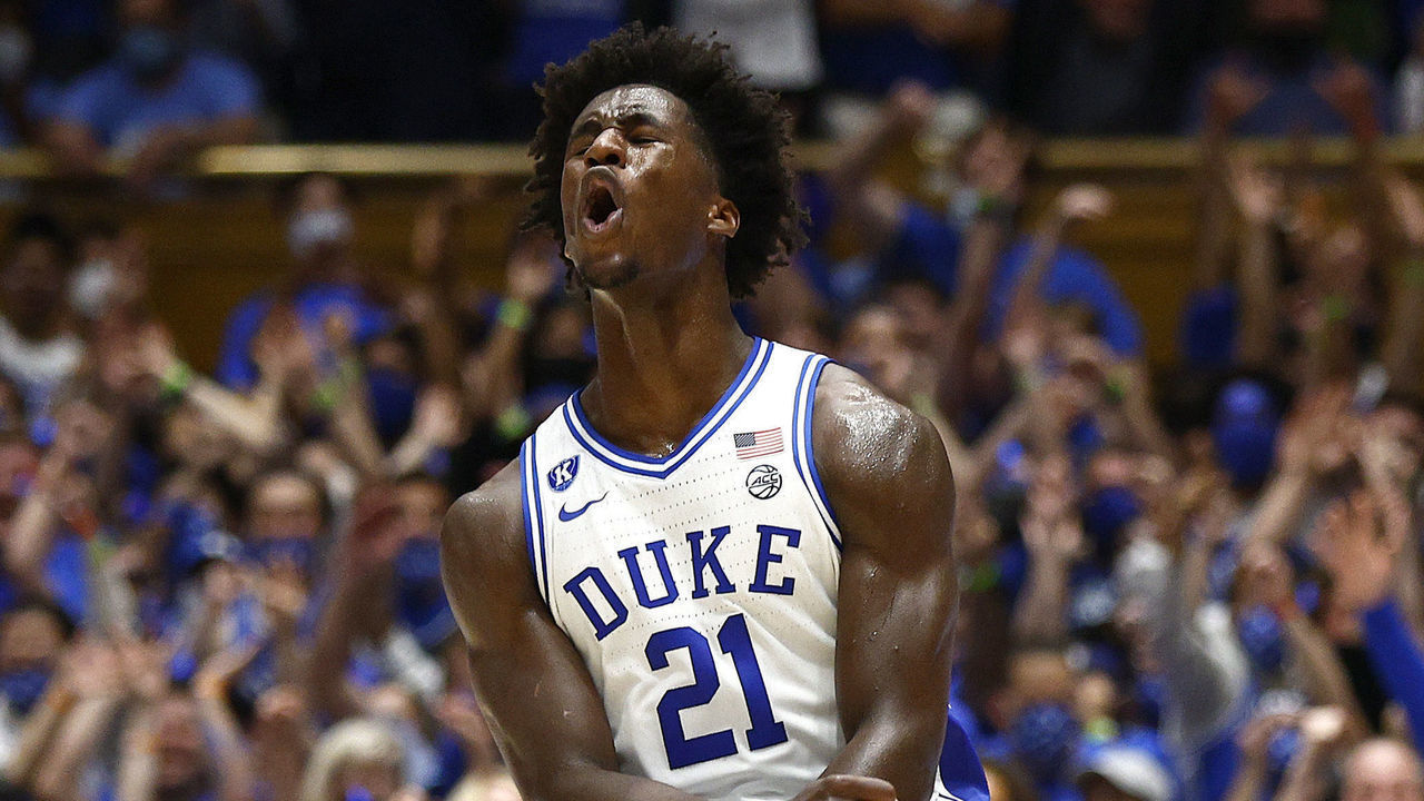 DURHAM, NORTH CAROLINA - MARCH 05: AJ Griffin #21 of the Duke Blue Devils reacts during the first half against the North Carolina Tar Heels at Cameron Indoor Stadium on March 05, 2022 in Durham, North Carolina.