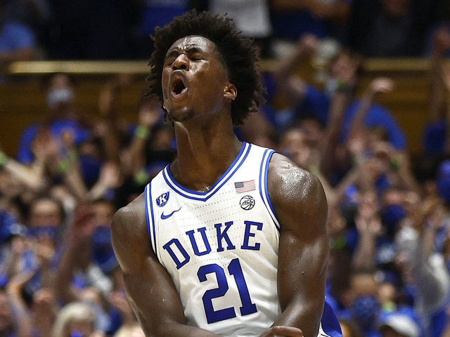DURHAM, NORTH CAROLINA - MARCH 05: AJ Griffin #21 of the Duke Blue Devils reacts during the first half against the North Carolina Tar Heels at Cameron Indoor Stadium on March 05, 2022 in Durham, North Carolina.